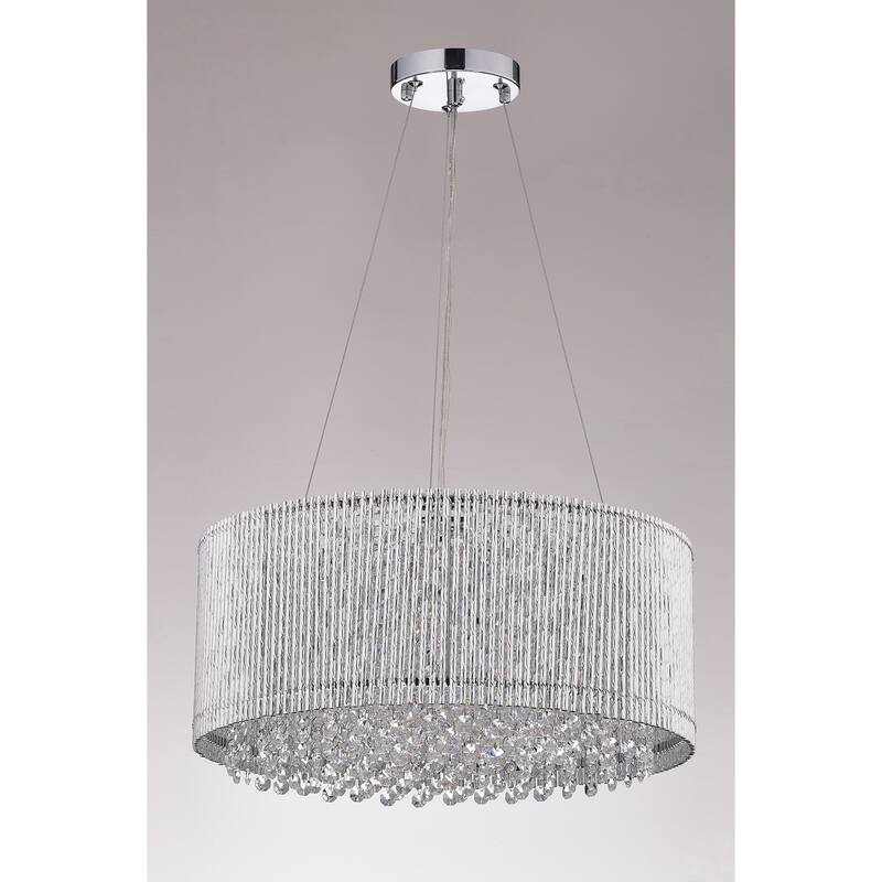 Chrome 4-Light Tubes Drum Shade Chandelier with Hanging Crystals