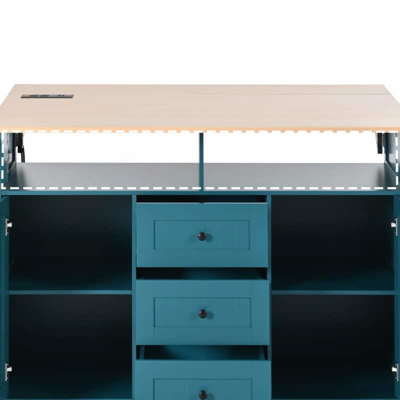 55.7" Rolling Kitchen Island with Double Drop Leaf, Power Outlet, 3 Drawers, Spice & Towel Rack, Folding Dining Table Cart
