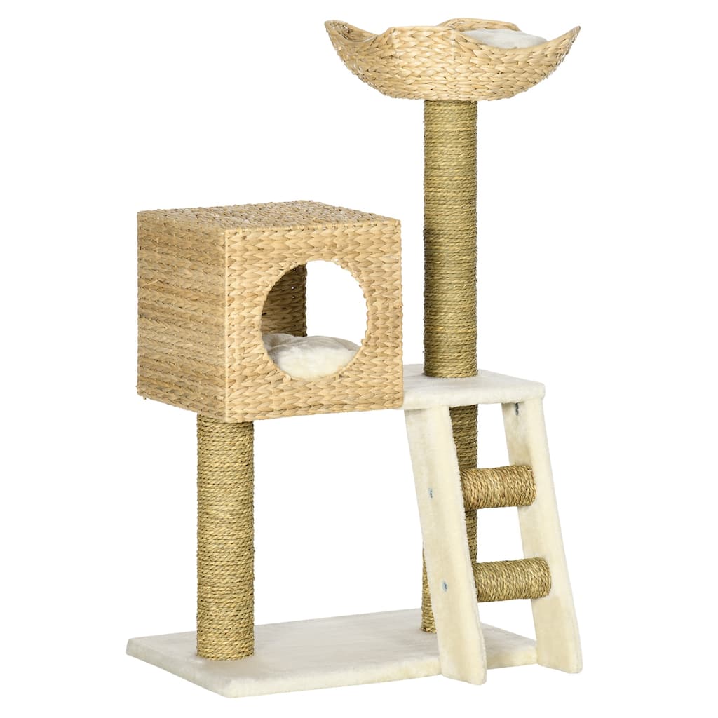 PawHut Cattail Weave Cat Tree for Indoor Cats Kitty Tower with Rattan Cat Condo, Wicker Bed, Ladder, Washable Cushions