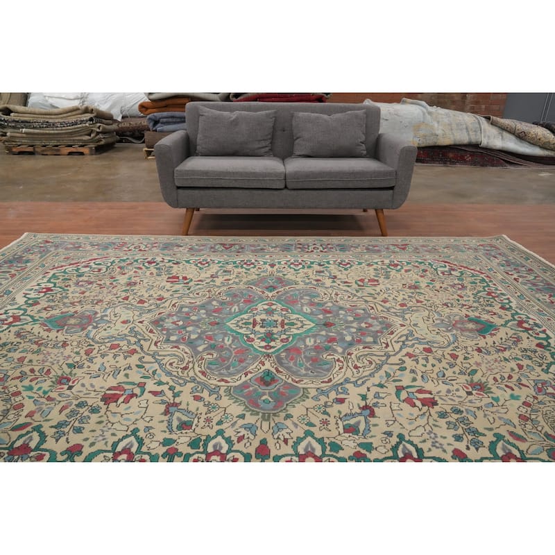 Hand Knotted Oriental 100% Wool Carpet Traditional Floral Beige & Ivories Tabriz Area Rug - 10' 9'' X 8' 0''