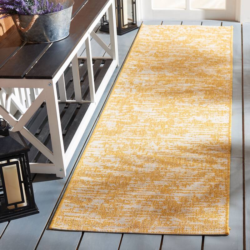 SAFAVIEH Courtyard Simcha Abstract Indoor/ Outdoor Waterproof Patio Backyard Rug - 2'3" x 8' Runner - Gold/Ivory