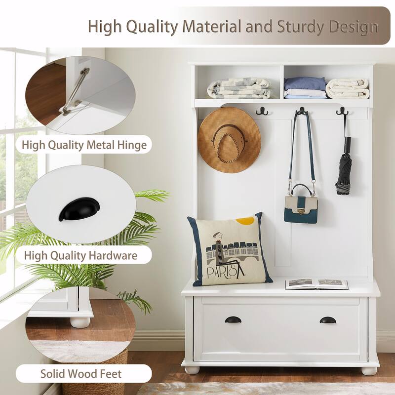 Coastal Style Hall Tree Entryway Bench with Open Shelves and Shoe Cabinets
