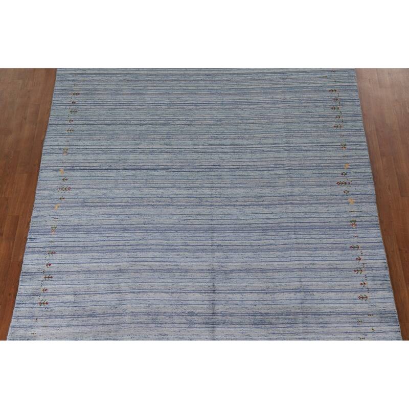 Striped Gabbeh Oriental Area Rug Handmade Blue Wool Carpet - 7'10"x 9'7"