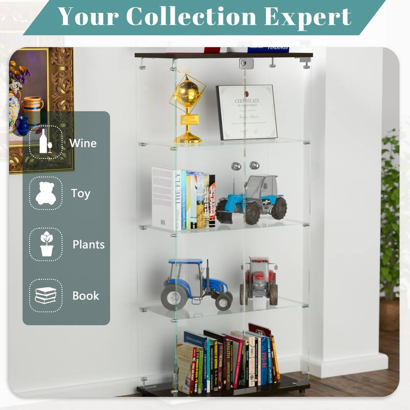 Glass Display Cabinet with Doors & Locks, Acrylic Shelves, Floor Standing Storage Showcase for Home or Office