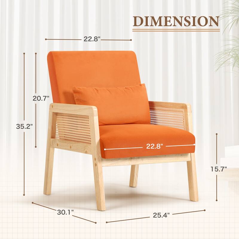 Furniwell Upholstered Living Room Accent Chair with Pillow, Single Sofa with Rattan Wooden Armrests