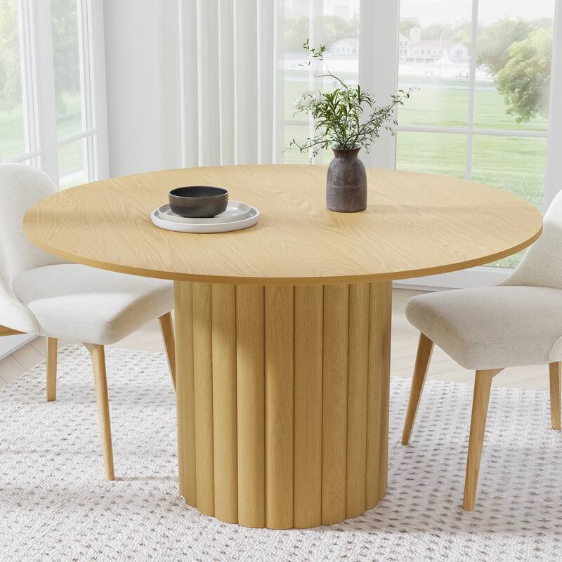 Solid Wood Round Dining Table Kitchen Table with Tabletop & Textured Cylindrical Base