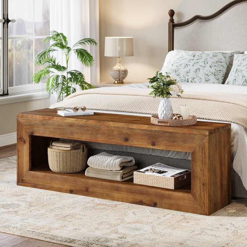 Solid Wood Entryway Bench with Storage Shelf for Entrance