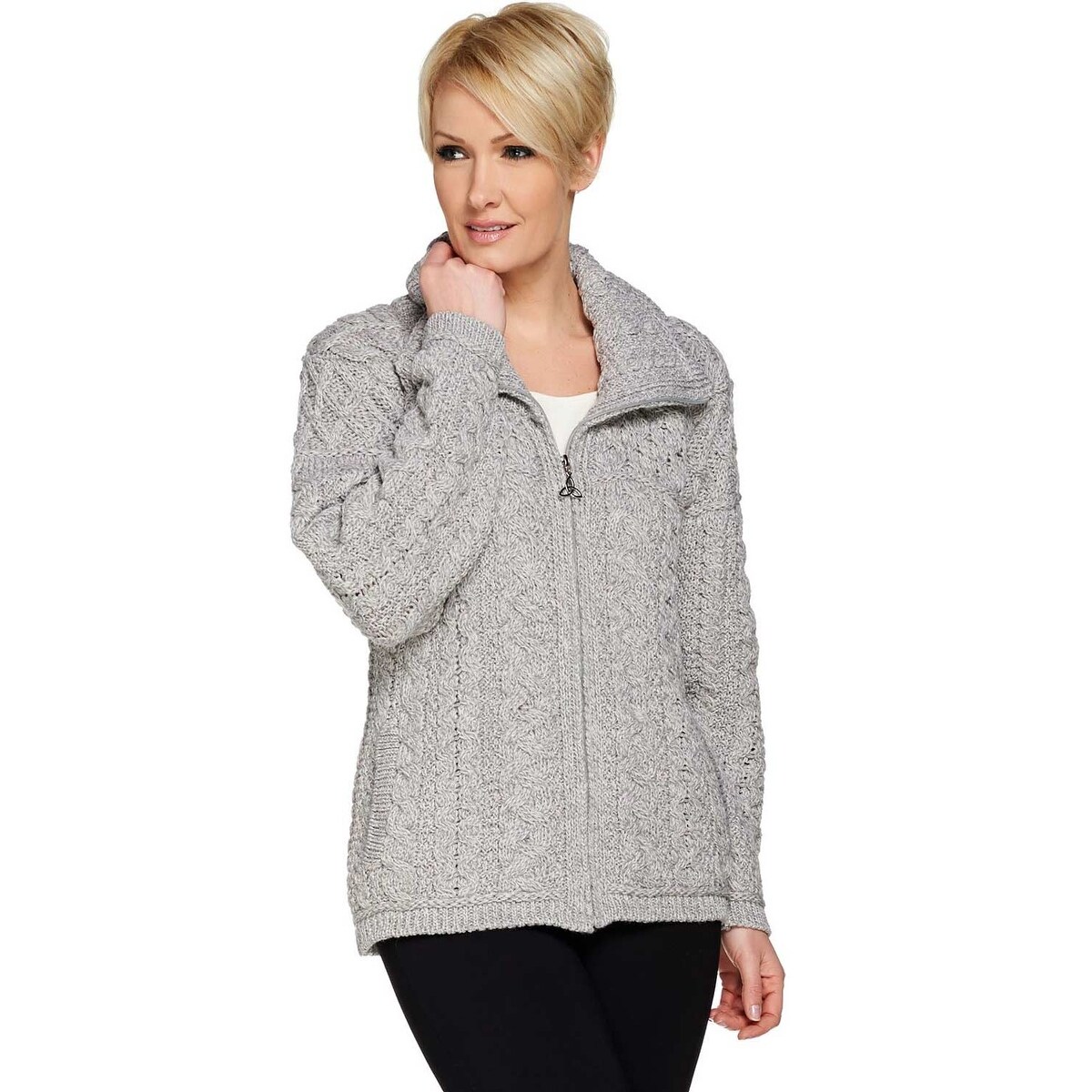 aran craft merino wool open front cardigan with pockets