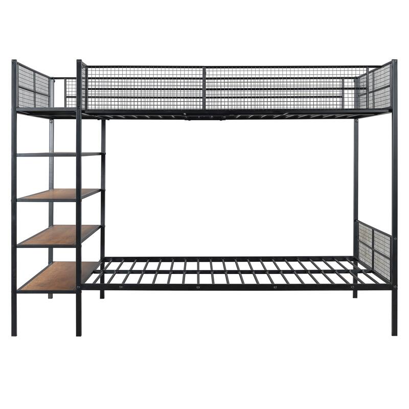 Twin Over Full Metal Bunk Bed with 5-Tier Shelves & Storage - 350LB Capacity