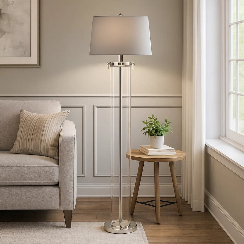 Axie 60 Inch Floor Lamp, Clear Glass Stand, Empire Shade, Metal, Nickel