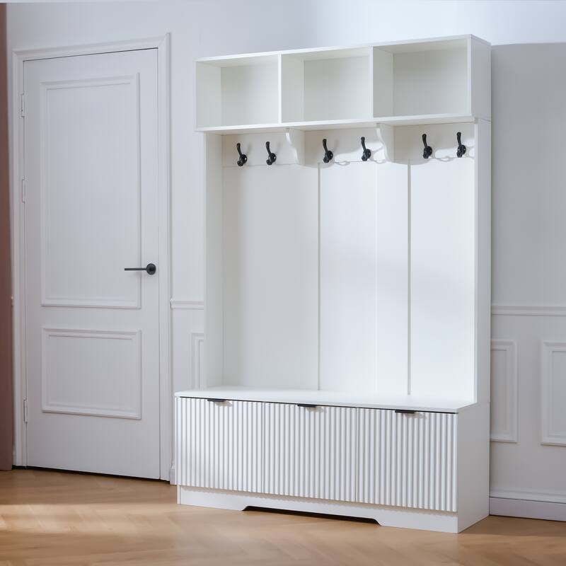 Country-Style Coat Rack Multi-Functional with 3 Cabinets and 3 Storage Coat Racks, Warm White