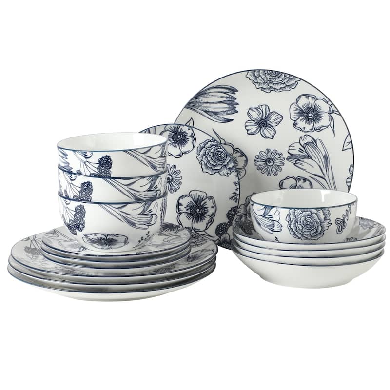Gibson Home Westerly Court 16-Piece Dinnerware Set, Blue Floral Stoneware Plates & Bowls, Service for 4