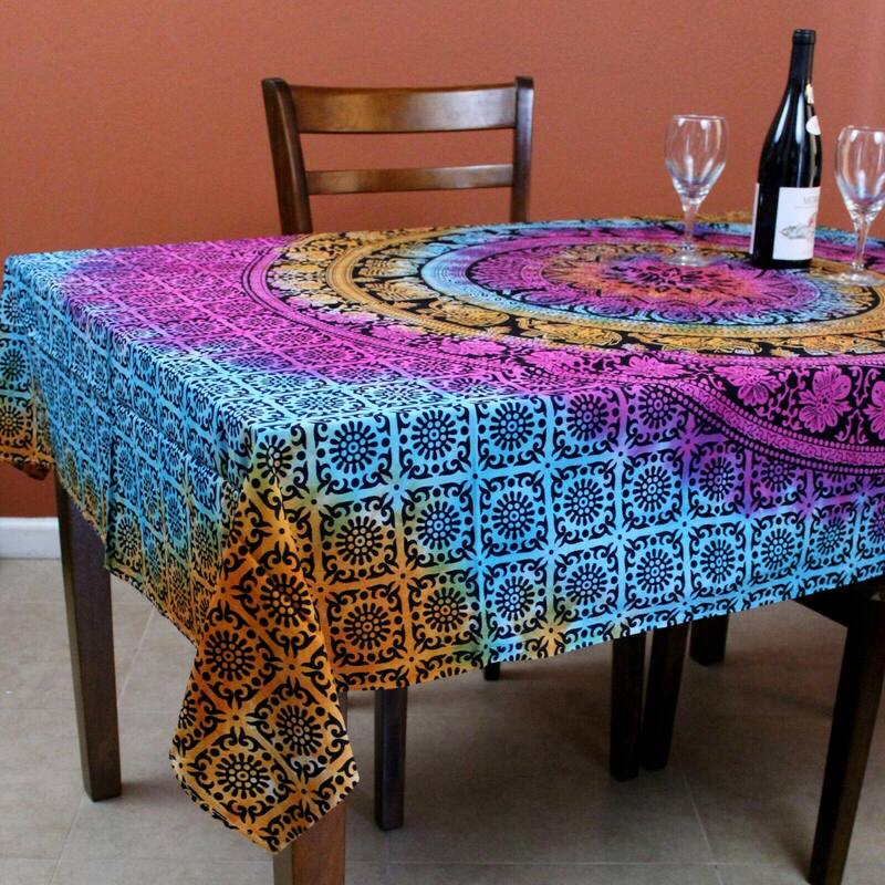 Cotton Elephant Floral Paisley Tablecloth 60x90 Blue Pink Black White - 55 x 85 inches - Black Multi