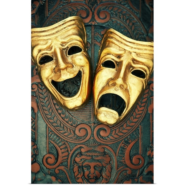 "Golden comedy and tragedy masks on patterned leather" Poster Print
