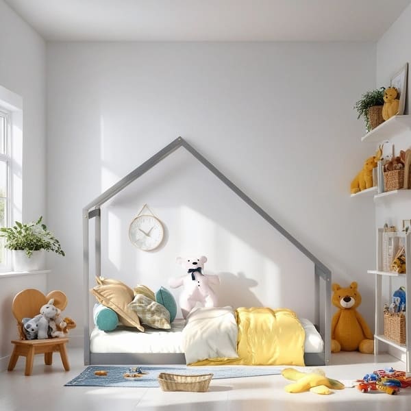 slide 2 of 8, Versatile Design Twin Size Wooden House Bed Kids Bed, Gray Grey