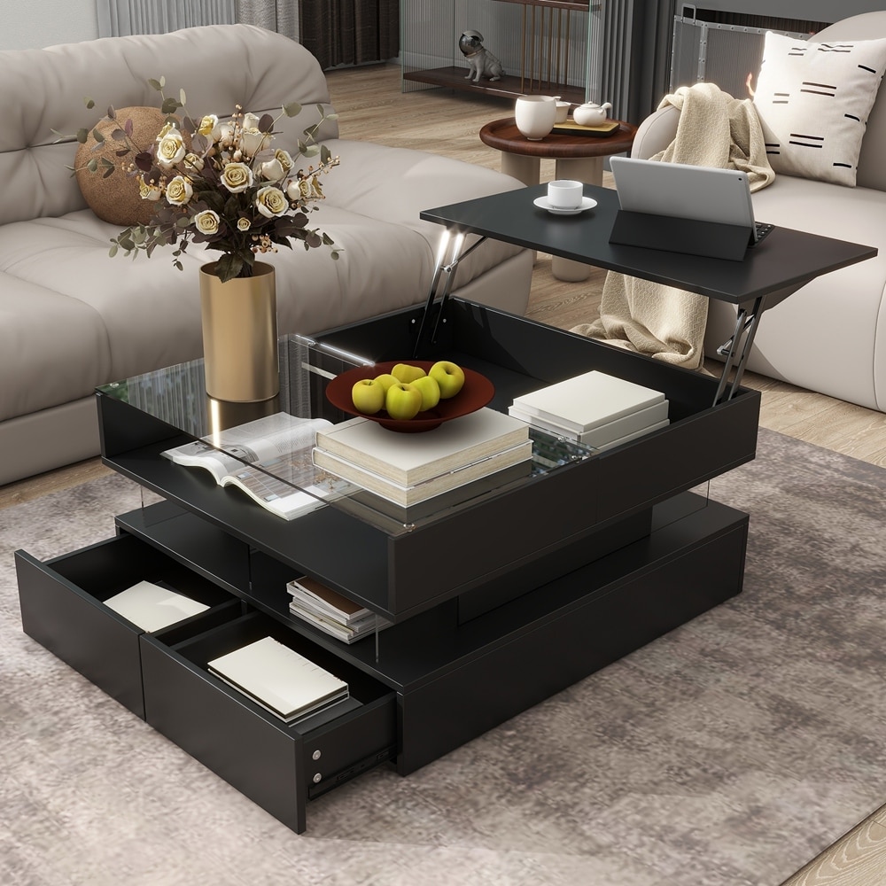 Lift-Top Coffee Table with 2 Drawers, Modern Square Coffee Table with Glass Top and High-Gloss Finish
