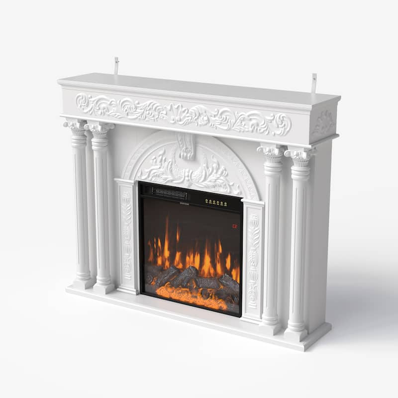 Solid Wood Electric Fireplace TV Stand with 12-Color LED Flame, White Wood Cabinet with Roman Columns, 1500W Heater