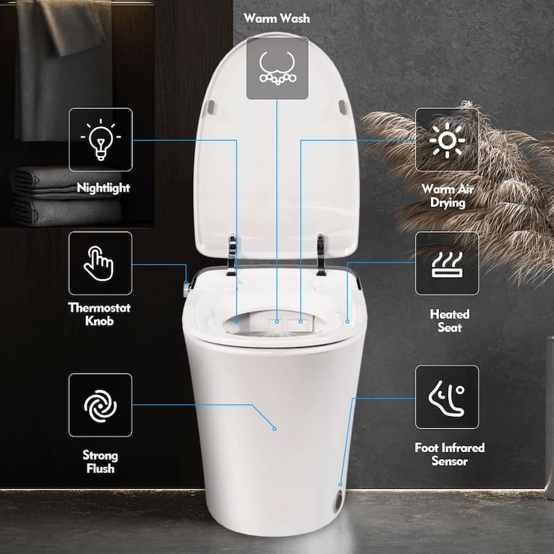 Smart Bidet Toilet with Warm Water Wash & Dryer, Heated Seat, Self-Cleaning, Remote Control, Power Outage Flushing, Elongated