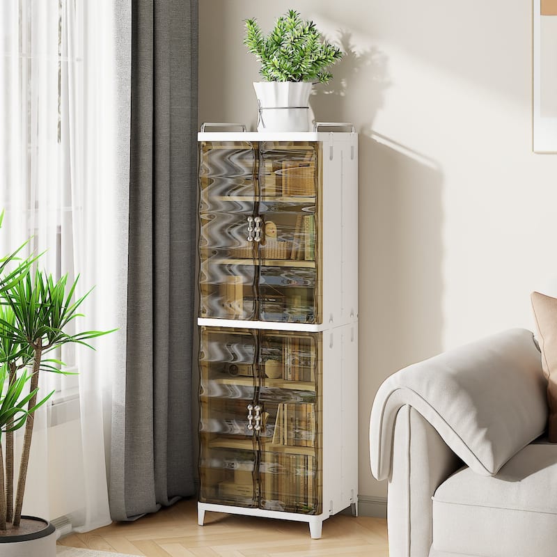 VECELO 2/3-Tier Plastic Storage Cabinet with Transparent Tea-Colored Doors Quick No-Tools Assembly Multi-Purpose Organization - 2-tier