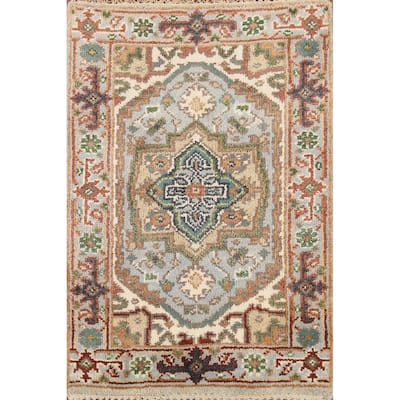 Gray Geometric Heriz Serapi Indian Accent Rug Handmade Wool Carpet - 2'0"x 3'0"