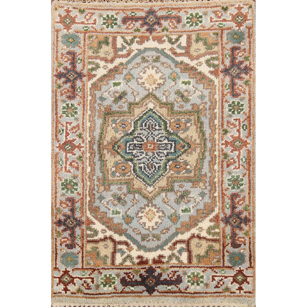 Gray Geometric Heriz Serapi Indian Accent Rug Handmade Wool Carpet - 2'0"x 3'0"