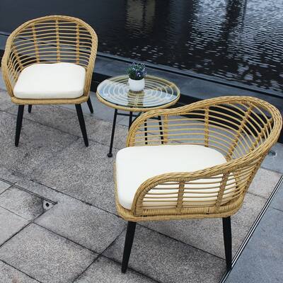 3 Pieces Outdoor Patio Wicker Chair Table Set with Beige Cushion