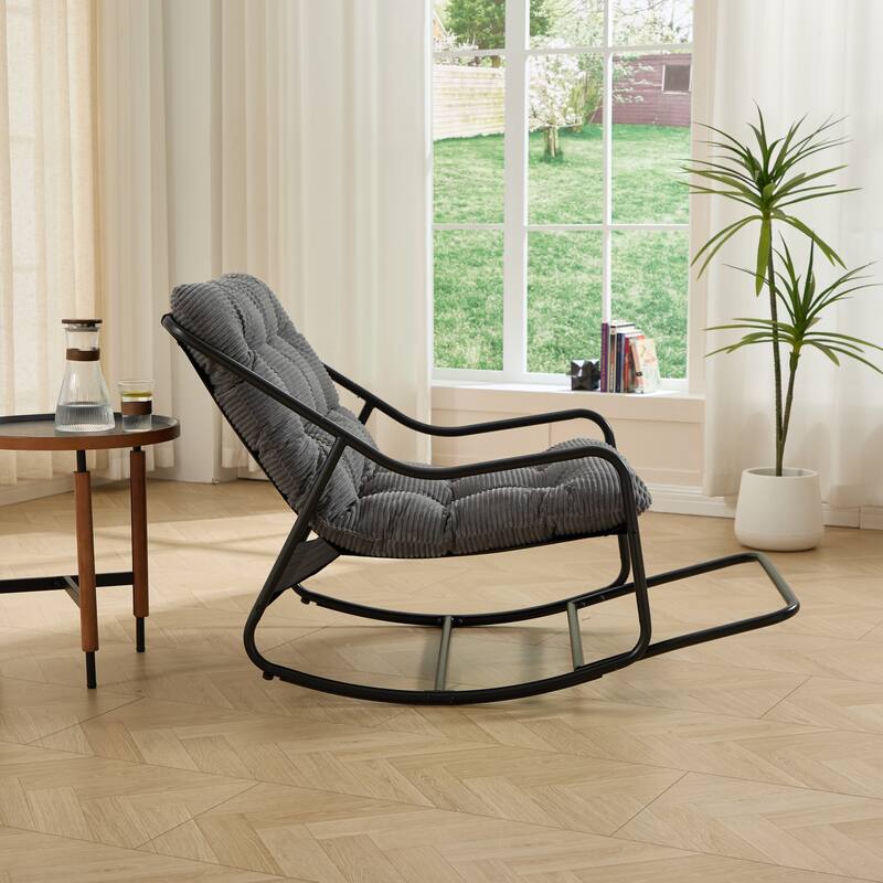 Outdoor Rocking Chair, Comfy Cushion, with Soft Thick Cushion,for Living Room, Reading Room, Black Frame with White Cushion