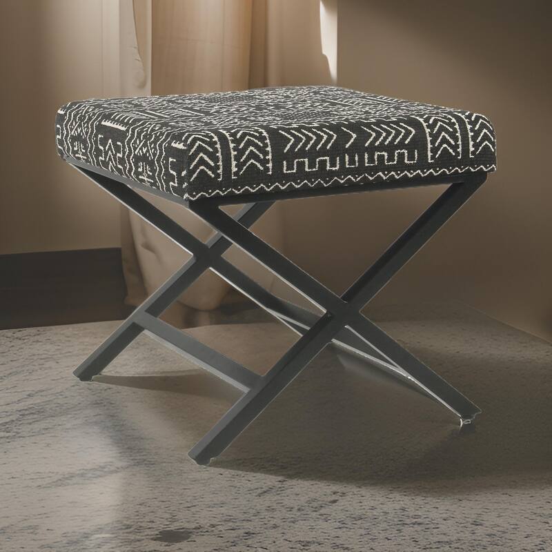 Tribal Pattern Fabric Upholstered Ottoman with X Shape Metal Legs, Black and Cream