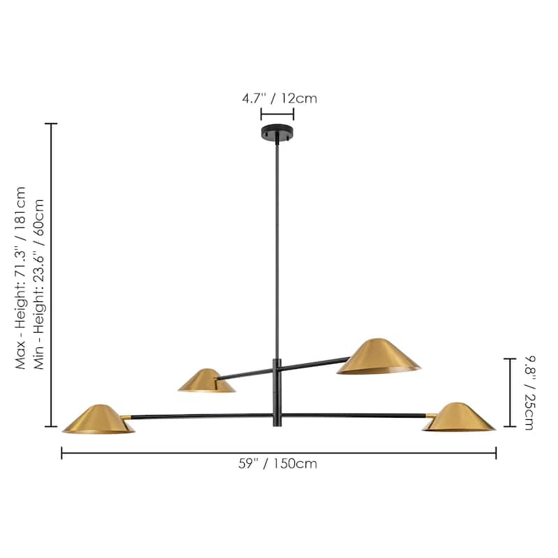 4-Light Modern Industrial Linear Sputnik Gold Chandelier for Dining Room/Living Room