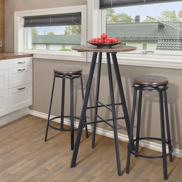 3 Piece Bistro Pub Set Round Table Counter Height Stools Wood Metal Furniture 