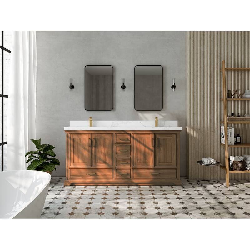 Willow Collections 72 in. W x 22 in. D Charlotte Teak Double Sink Bathroom Solid Teak Vanity with Countertop