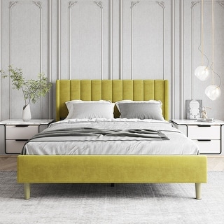 Queen Size Upholstered Bed Frame with Headboard Mattress, Yellow - Bed ...
