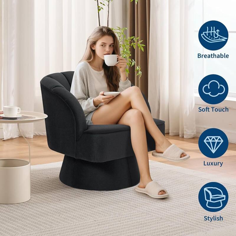 Velvet Upholstered 360° Swivel Accent Chair, Barrel Lounge Chair for Living, Bedroom Reading Nook
