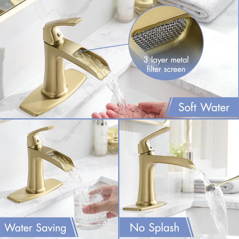 Single hole 1-handle Waterfall Handle Bathroom Sink Faucet with Drain with Deck Plate