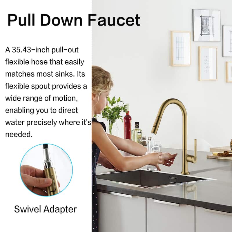 Modland 17''H Gooseneck Pull Down Kitchen Faucets For Kitchen Sinks in Gold