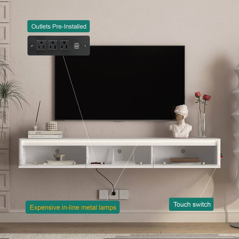 68.9" Floating TV Stand with LED Lights and Power Outlet, Wall Mounted High Gloss Media Console Shelf for Living Room