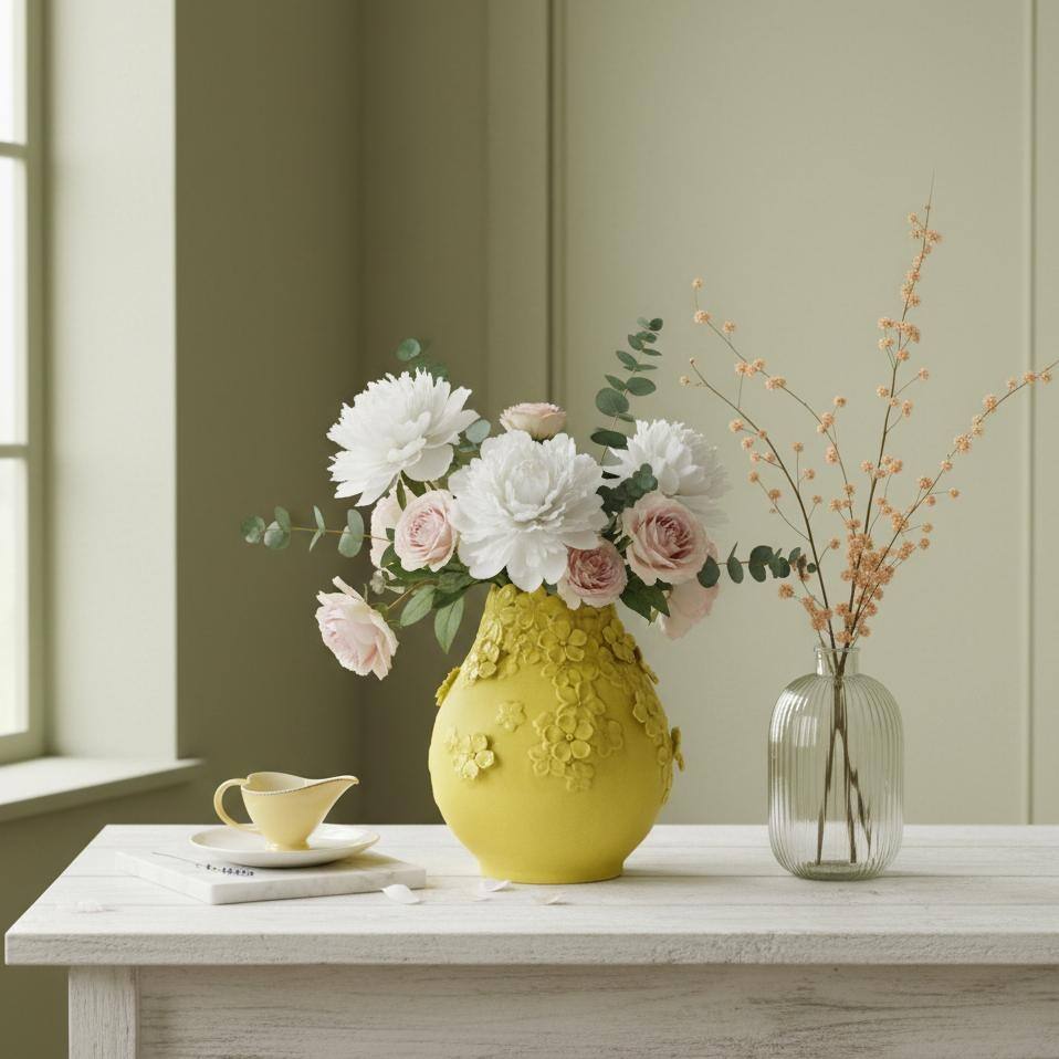 Rossetta Graceful Ceramic Free-Flow Neck Design Decorative Vase with Delicate Small Floral Motifs, 11 Inch