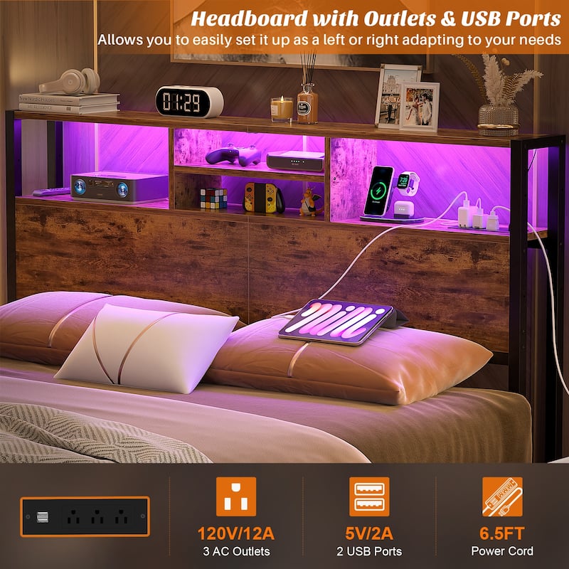 Headboard with Storage and Charge Station, Platform Bed Heaboard with LED Lights
