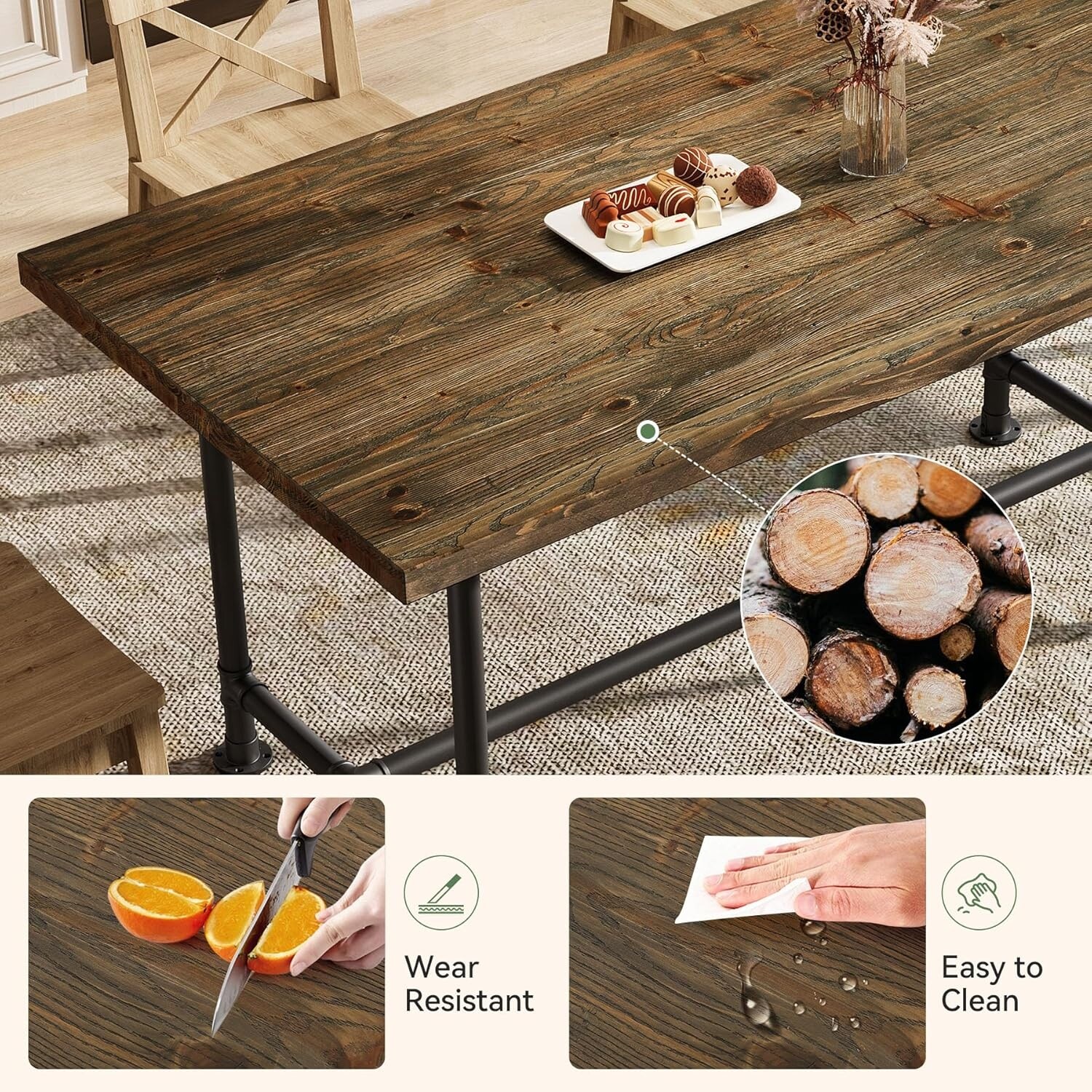 63-Inch Solid Wood Dining Table for 4-6, Rectangular Kitchen Table