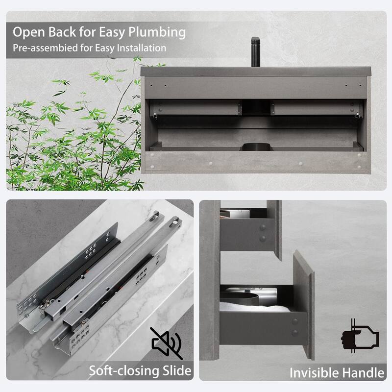 GDFStudio - Carter Floating Bathroom Vanity with Quartz Sand Countertop & Soft-Close Drawers