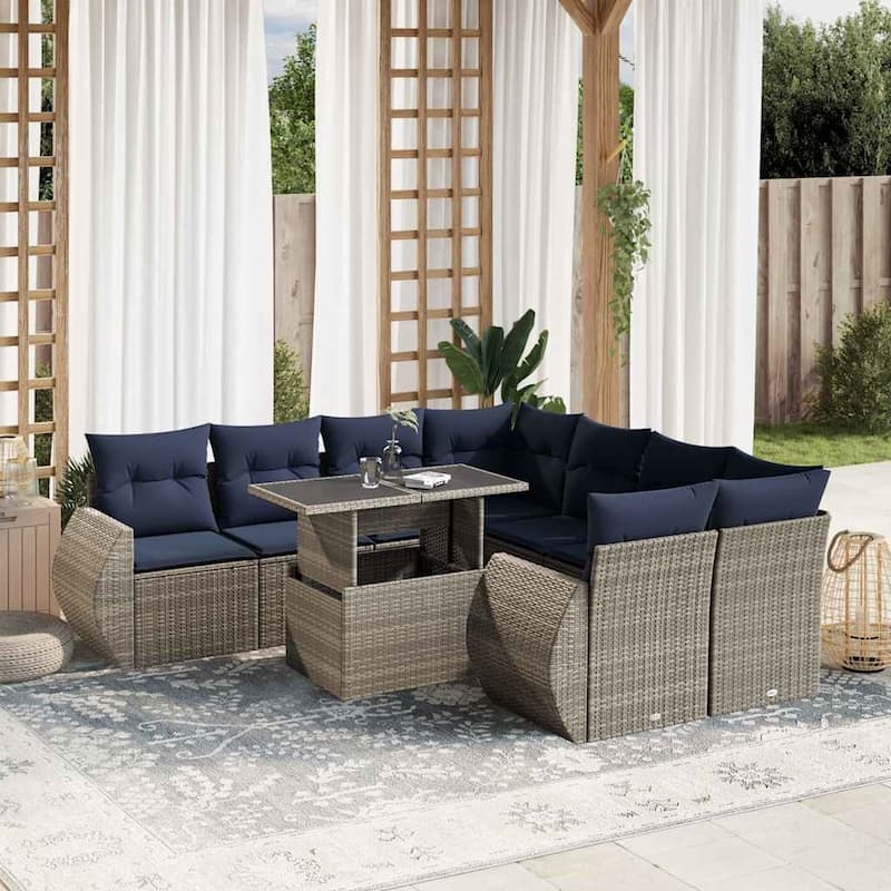 vidaXL Patio Sofa Set with Cushions and Table Outdoor 9 Piece Poly Rattan - 24.4 x 24.4 x 27.2