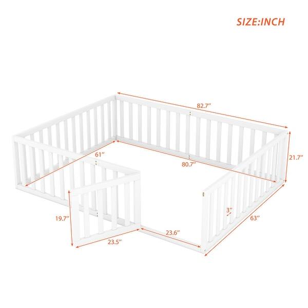 dimension image slide 3 of 4, Roomfitters Queen Size Wood Floor Bed Frame with Fence and Door, Stylish and Practical Sleeping Solution for Any Bedroom