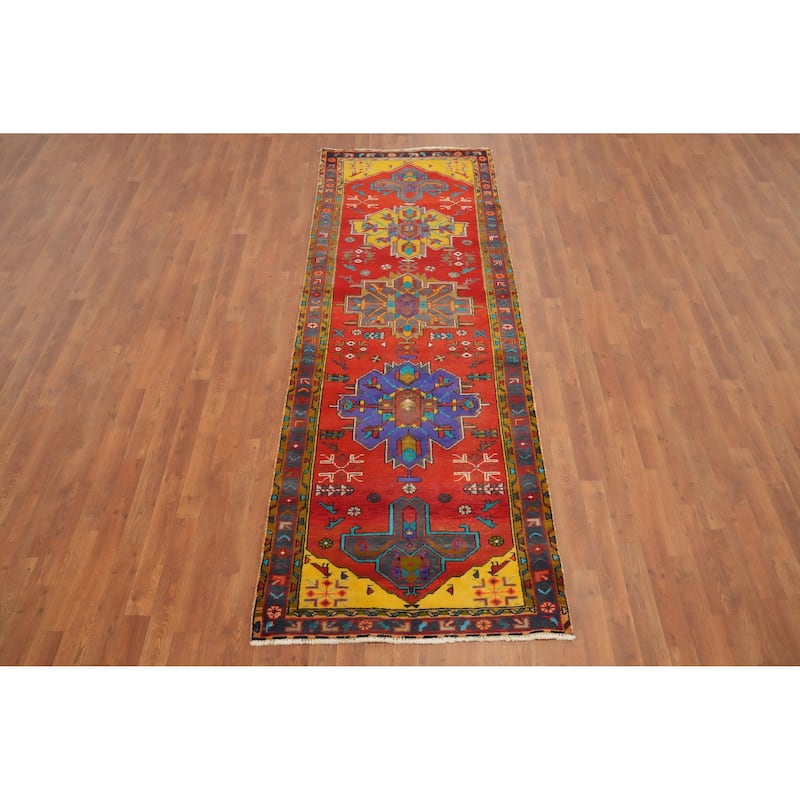 Hand Knotted Oriental 100% Wool Carpet Traditional Geometric Oranges & Rust Heriz Runner Rug - 9' 6'' X 3' 3''