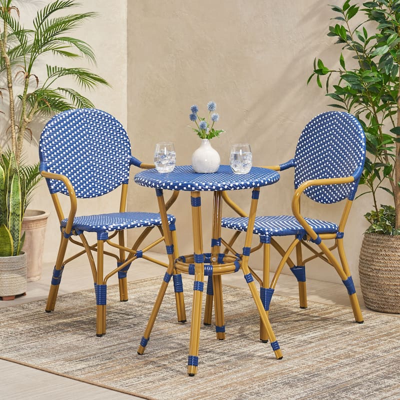 Paul Outdoor Aluminum and Wicker Outdoor French Cafe Set by Christopher Knight Home. - Dark Teal + White + Bamboo