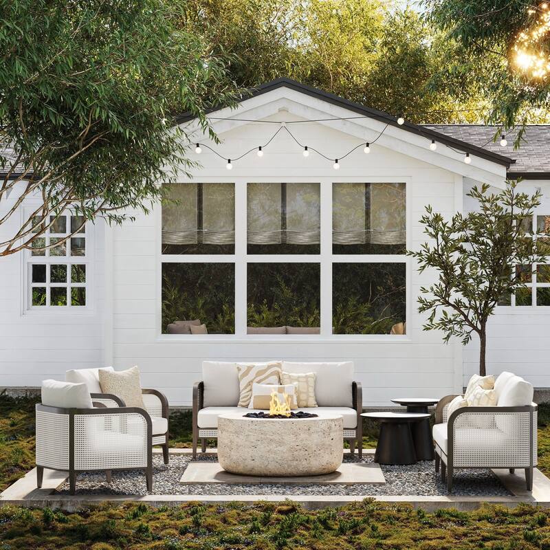 Twila Bohemian Outdoor Upholstered Rattan Patio Seating with Solid Wood Frame