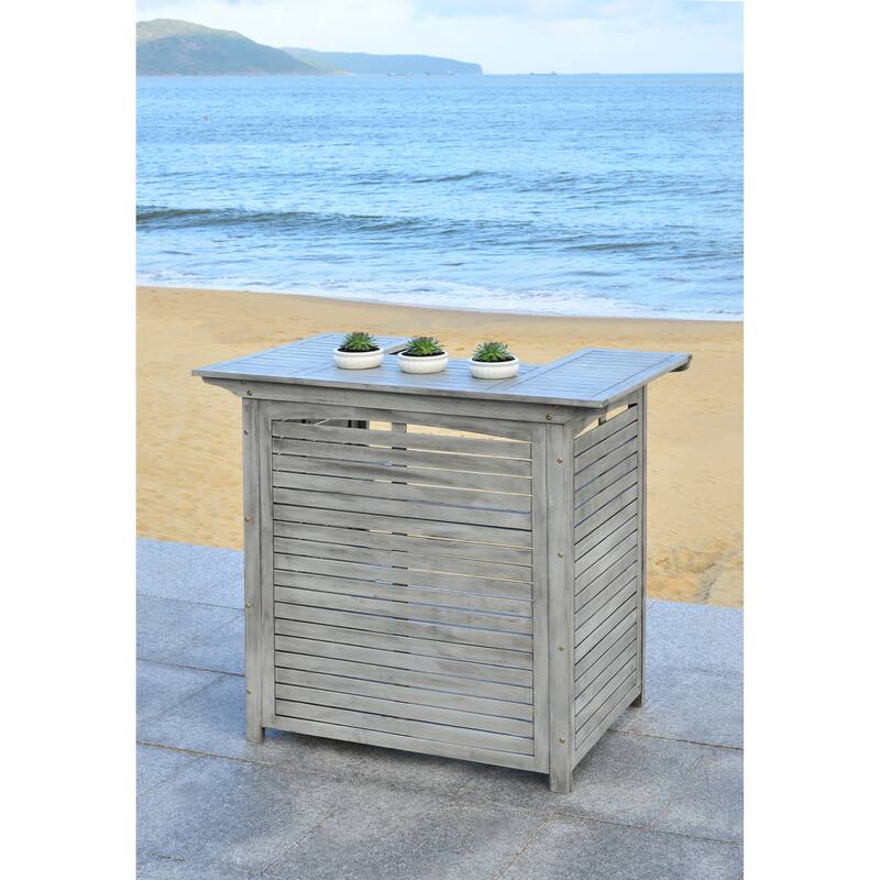 SAFAVIEH Outdoor Kaiya Wood 3-Shelf Bar Table - 27Wx46Dx42H