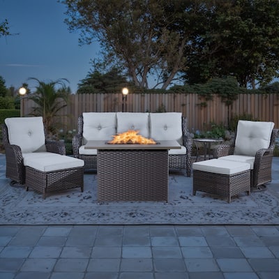 7 Pieces Outdoor Sofa Patio Chair Ottoman Fire Pit Table - Brown