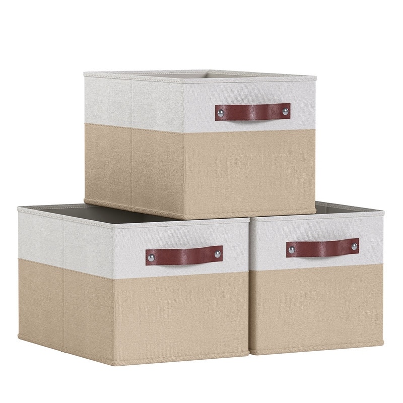 3 Pack Collapsible Shelf Basket Rectangle Storage Bins with Faux Leather Handles