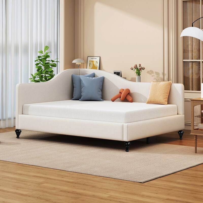 Twin/Full Size Upholstered Daybed, Linen Fabric Sofa Bed with Solid Wood Legs and L Shaped Backrest, Solid Wood Bedframe