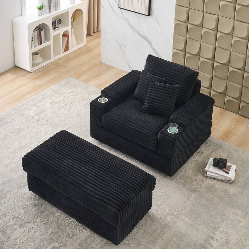 Black Corduroy Single Sofa with Pillows and Ottoman